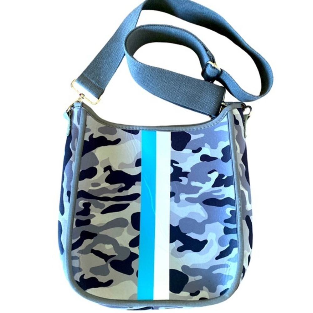 Adorned Neoprene  Camo Messenger Crossbody Bag -10x11x3 gray , green blue